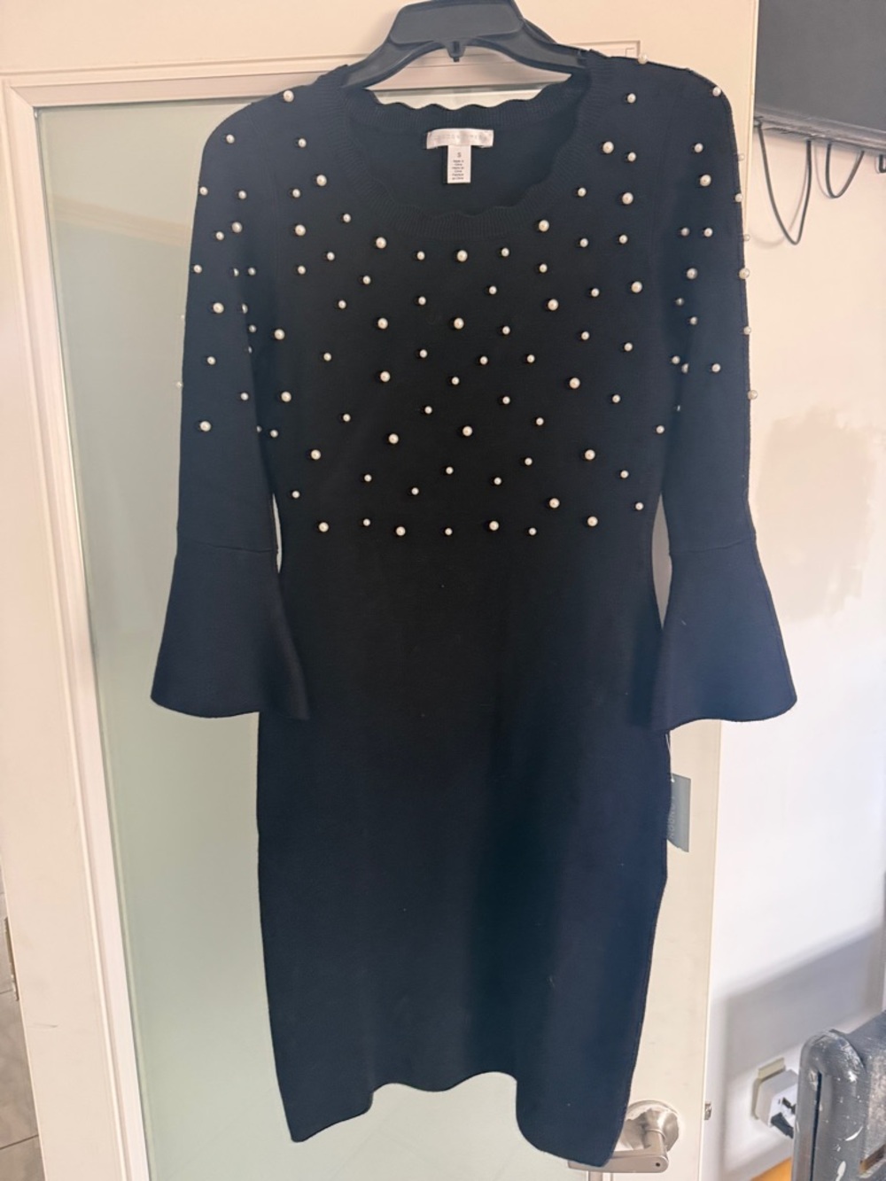 London Times Black Pearl-Embellished Knit Dress